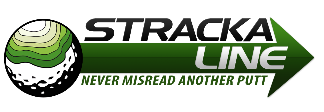 StrackaLine golf logo with a green golf ball and arrow, reading “Never misread another putt.”