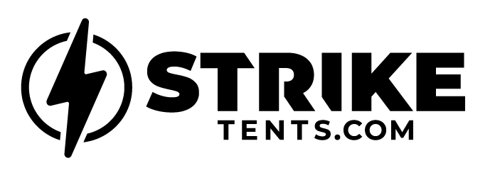 Strike Tents.com logo in black with a lightning bolt icon