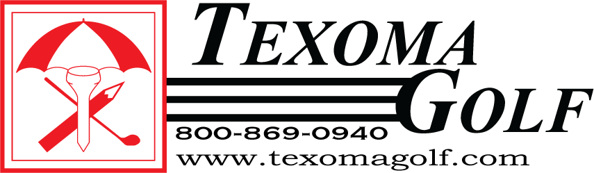 Texoma Golf logo with red golfer icon, phone number 800-869-0940, and website texomagolf.com