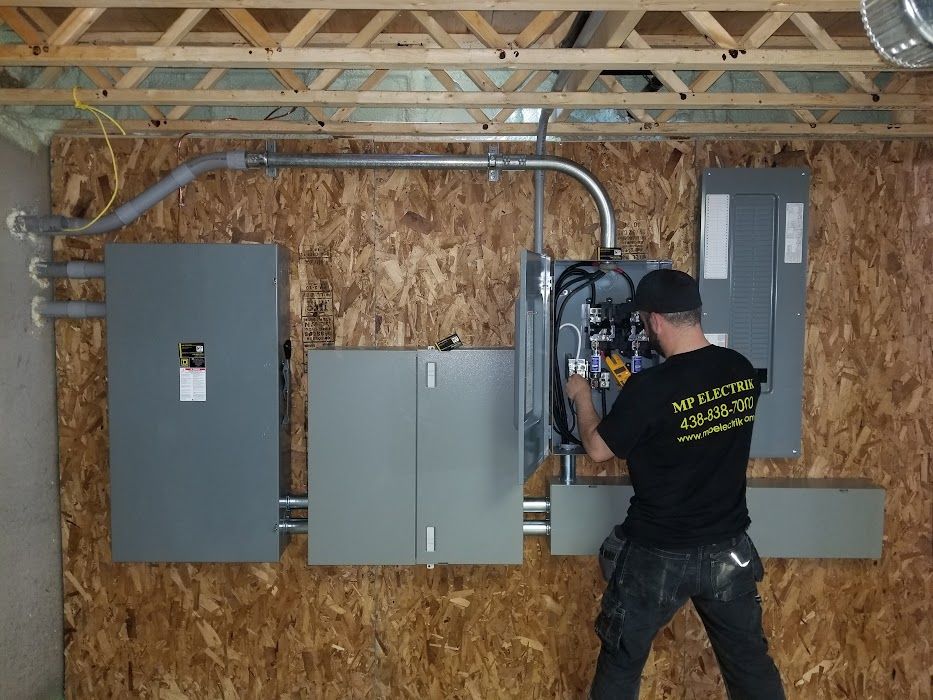 A man is working on a electrical box in a room.