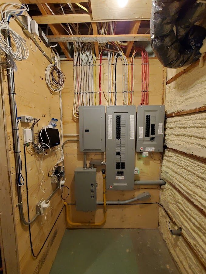 There are a lot of wires hanging from the ceiling in this room.