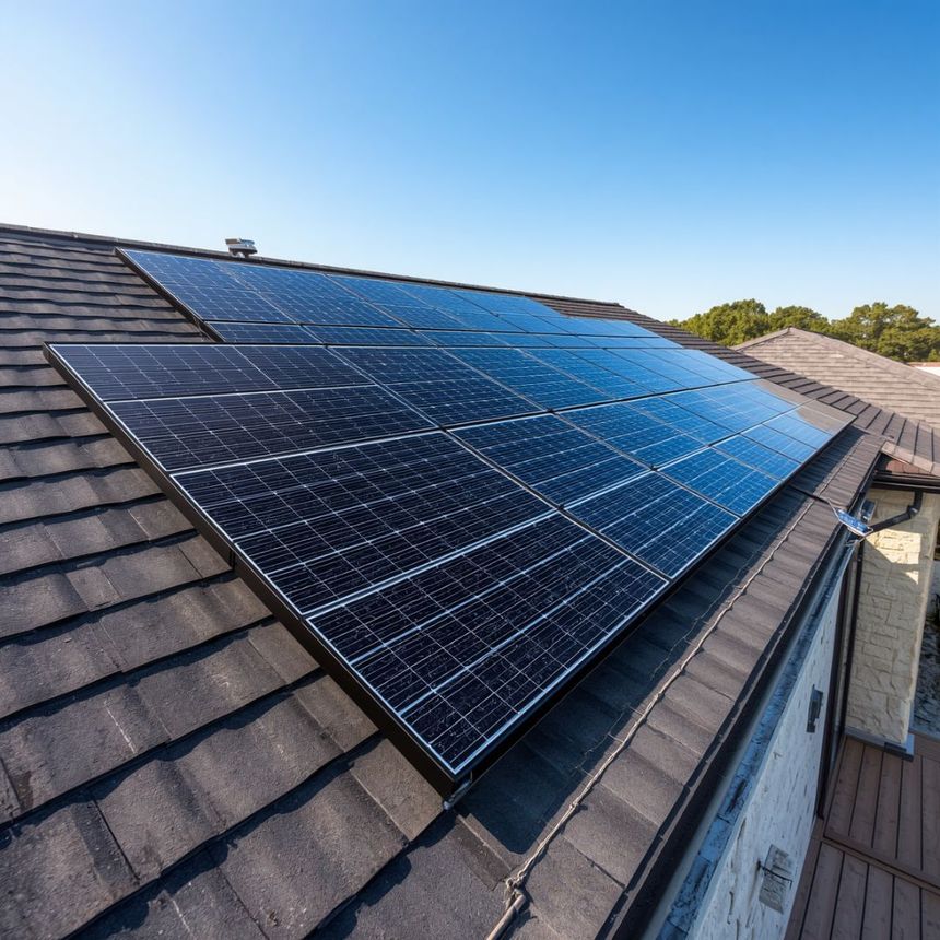 Solar panels cleaned and bird proofed on a residential roof under a clear blue sky.