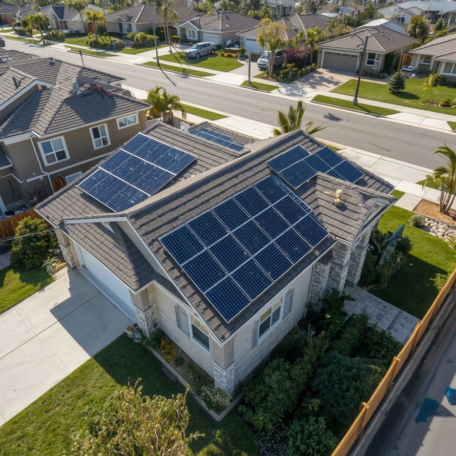 Aerial view of a suburban house with clean solar panels on the roof in a residential neighborhood