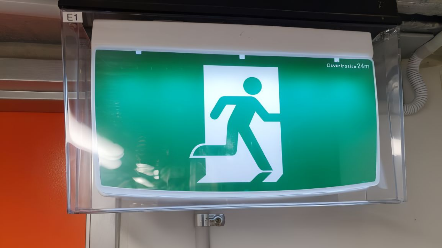 Green illuminated exit sign with running person, mounted indoors. — Test Right Services in Townsville, QLD
