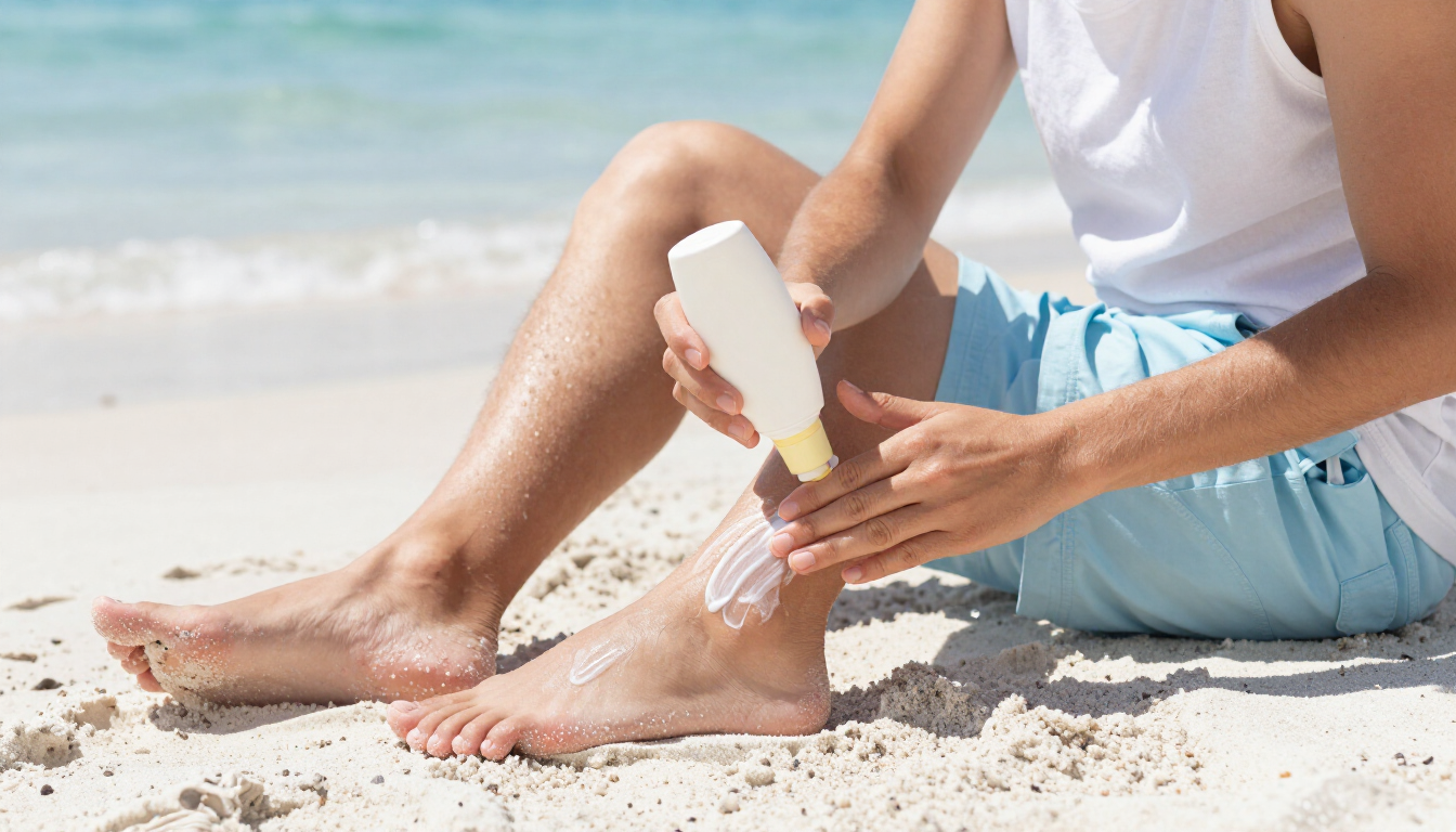 Applying sunscreen to feet