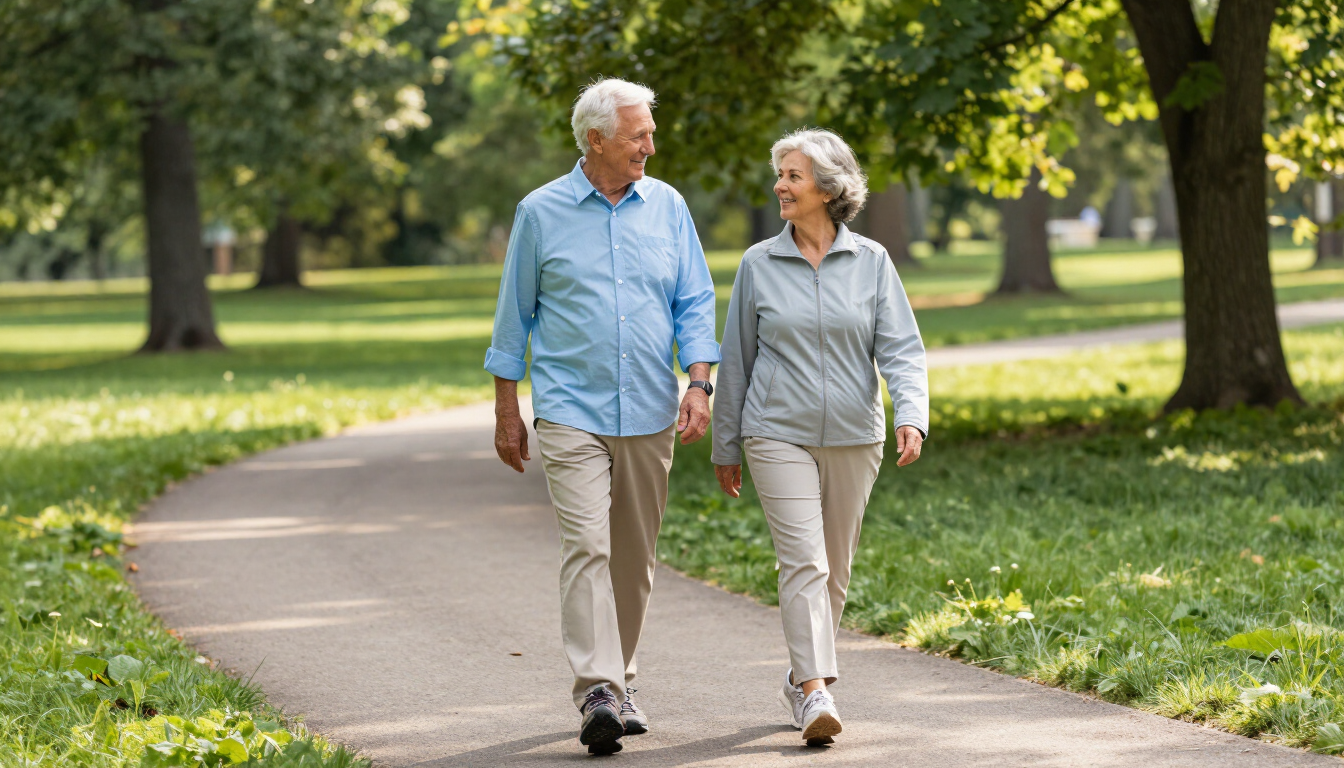 Healthy couple walking in a park