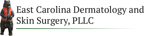 Logo for East Carolina Dermatology and Skin Surgery, PLLC, featuring a bear wearing an orange vest.