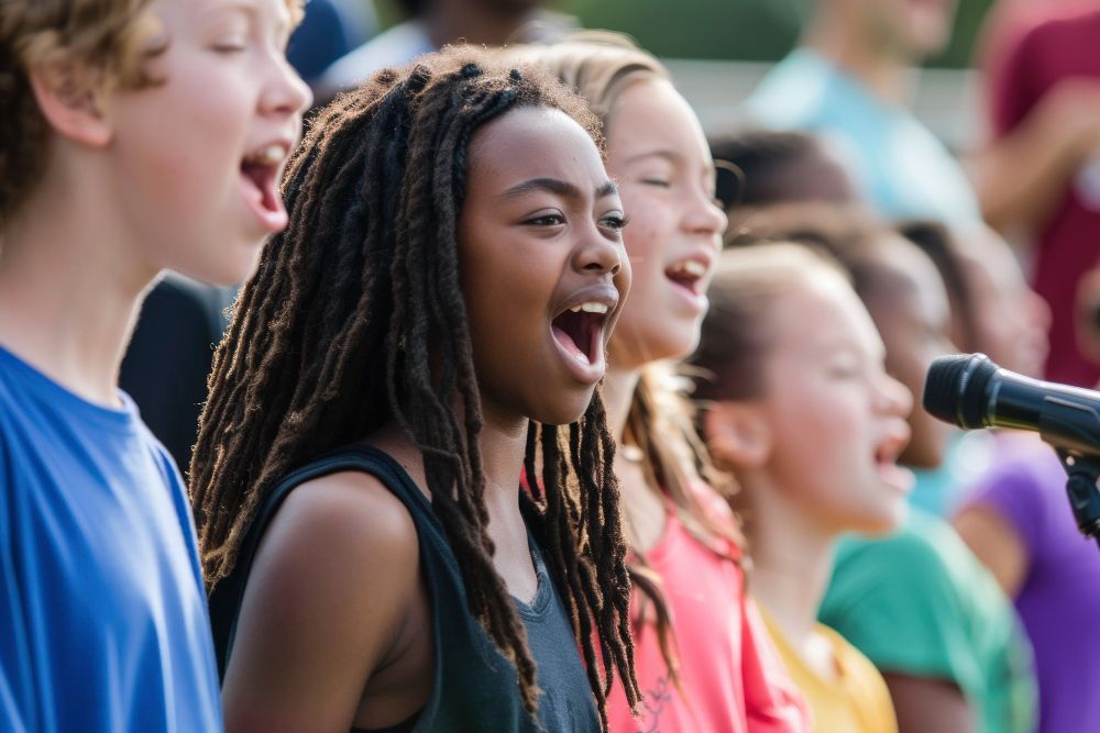 Kinderen zingen in een microfoon, buiten. Ze lachen en hebben hun mond open.
