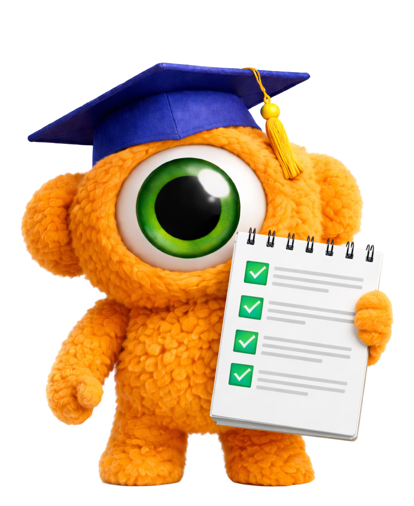 Een oranje, eenogig wezen met een afstudeerhoed op, dat een checklist met groene vinkjes vasthoudt.