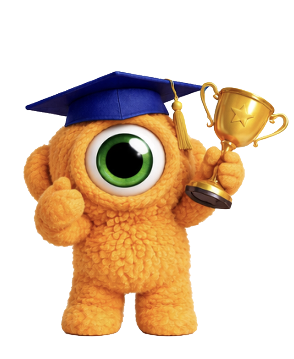 Een oranje, eenogig monster met een blauwe afstudeerpet op, dat een gouden trofee vasthoudt en zijn duim omhoog steekt.
