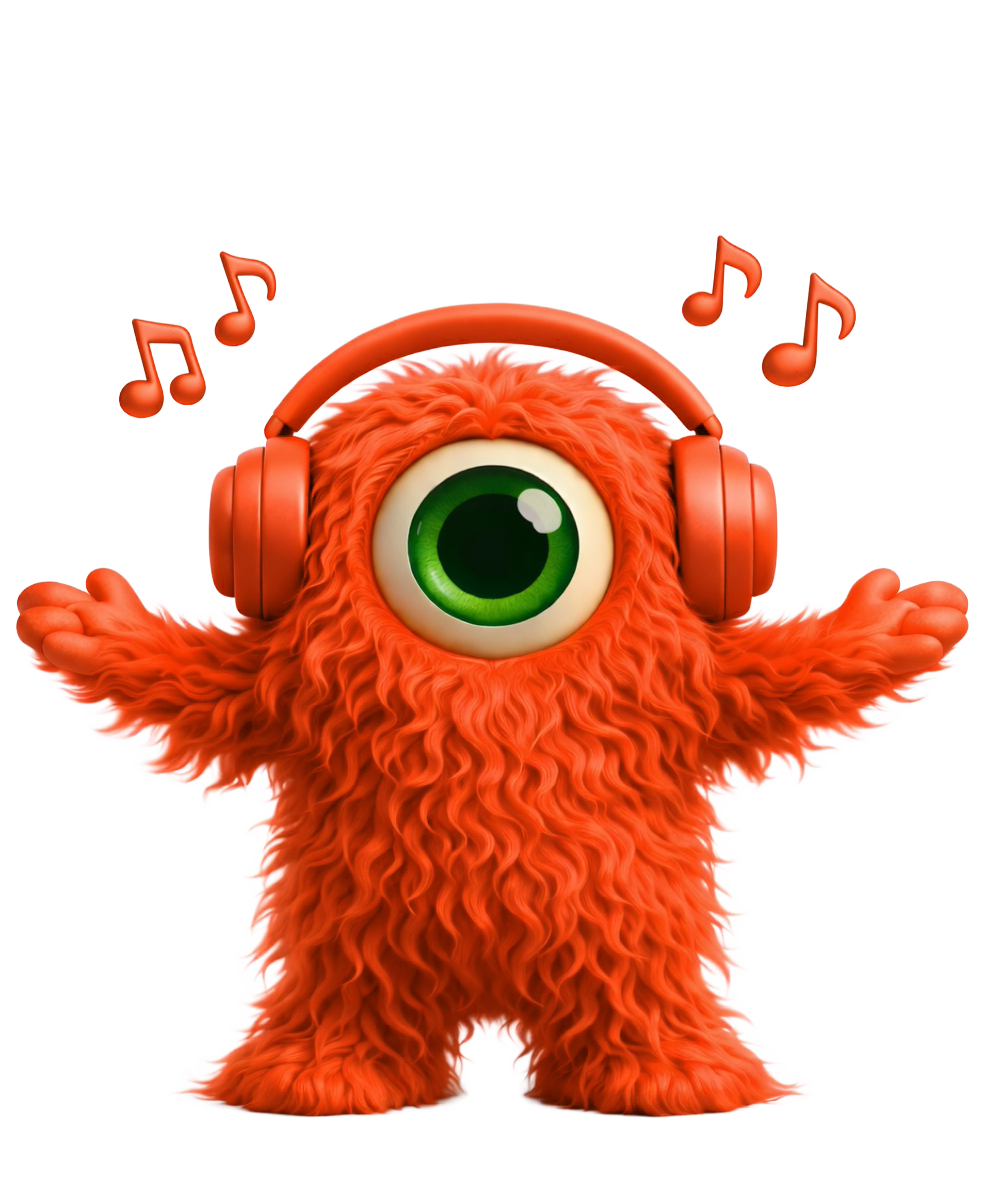Een oranje, harig eenogig monster met een koptelefoon op, de armen omhoog, en zwevende muzieknoten om zich heen.
