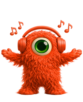 Een oranje, harige cycloop met een oranje koptelefoon op, geniet met uitgestrekte armen van de muziek.