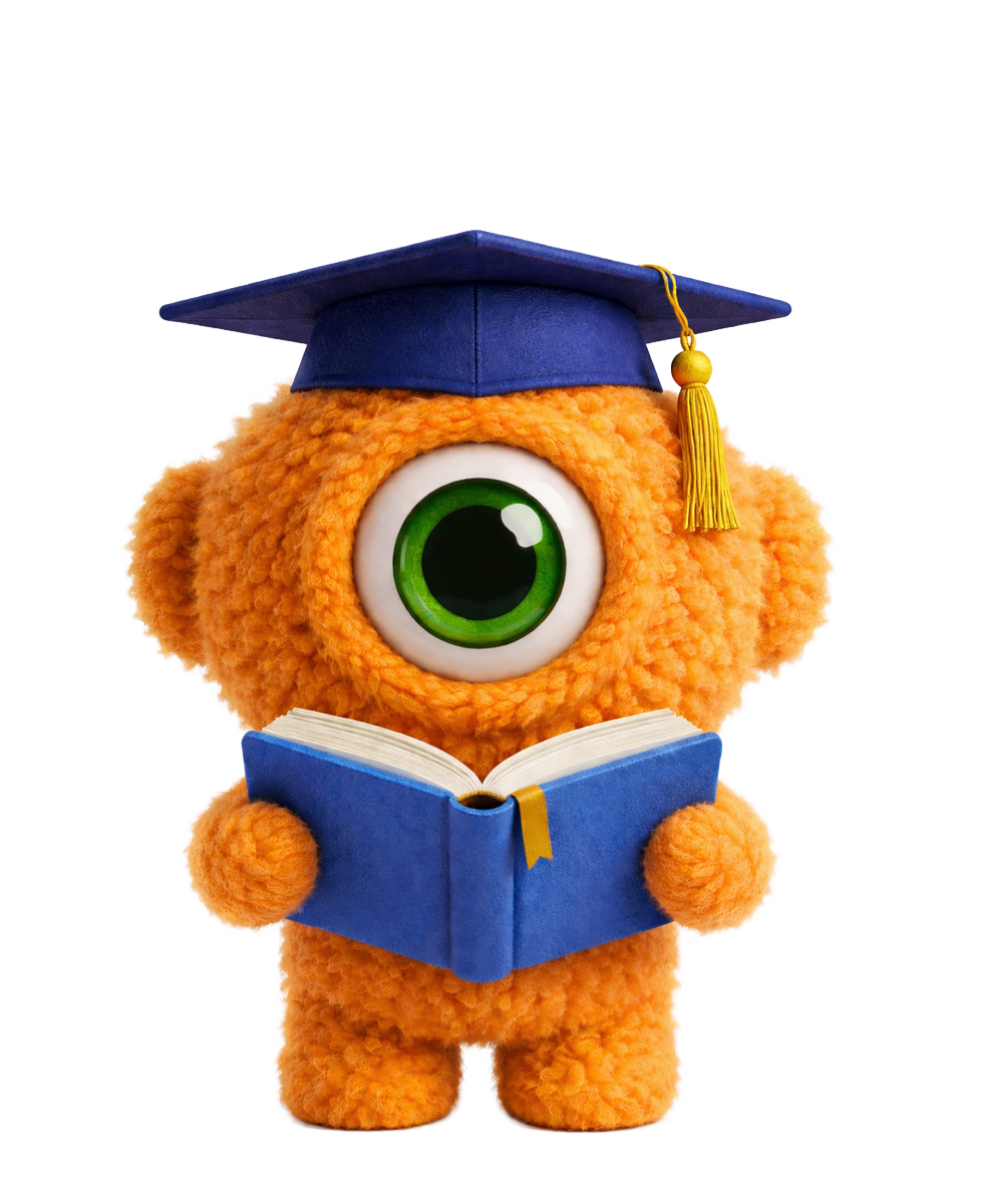 Een oranje, pluizig wezentje met één oog, dat een blauwe afstudeerpet draagt, een blauw boek vasthoudt en aan het lezen is.