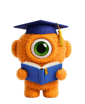 Een oranje, harig wezen met één oog, dat een blauwe afstudeerpet draagt ​​en een blauw boek vasthoudt.
