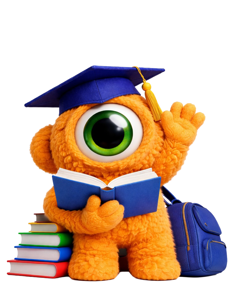 Een oranje, harig monster met één groot oog, dat een afstudeerpet draagt ​​en een boek leest.