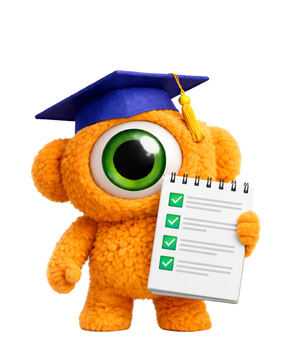 Een oranje, harig wezen met een groot groen oog, dat een afstudeerpet draagt en een notitieblok met vinkjes vasthoudt.