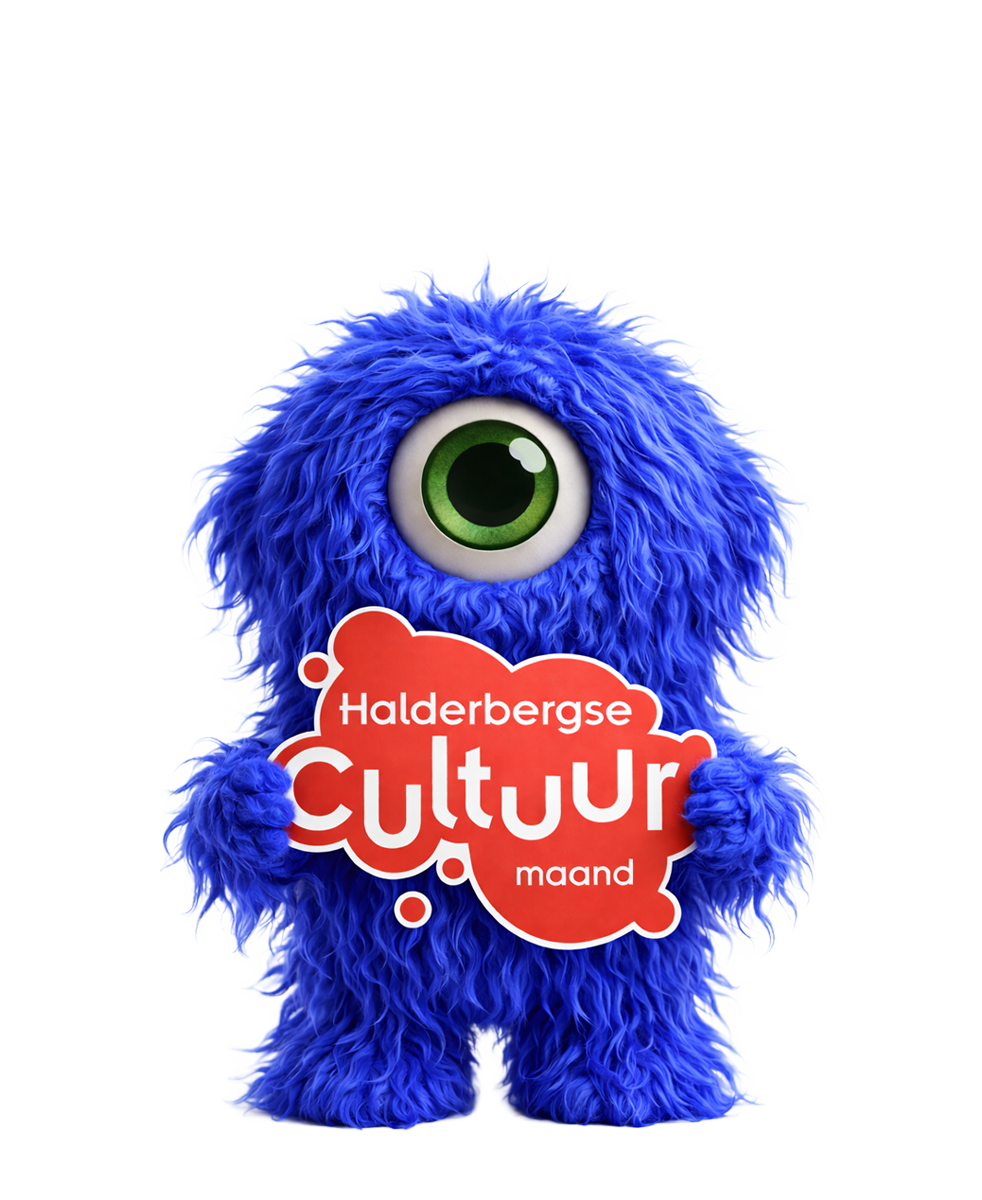 Blue furry monster holding a red sign for