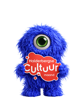 Een blauw harig monster met een rood bord waarop