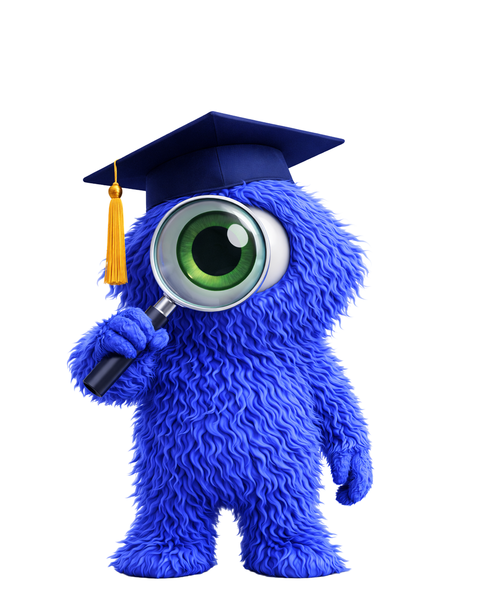 Een blauw, harig monster met een vergrootglas, dat een afstudeerhoed draagt en rondkijkt.