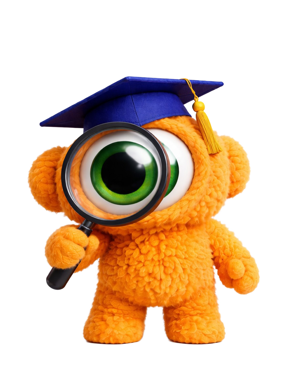 Een oranje, harig wezen met een vergrootglas, dat een blauwe afstudeerpet draagt.