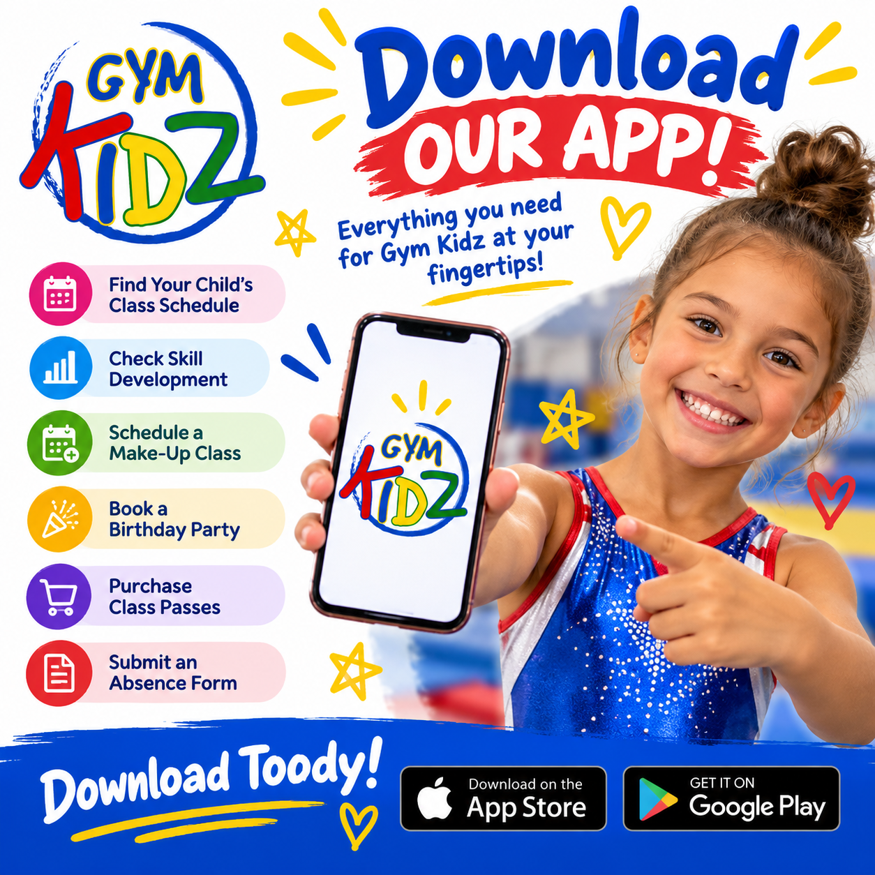 GymKidz app promo with smiling child holding a phone, showing features and download badges on a bright blue background