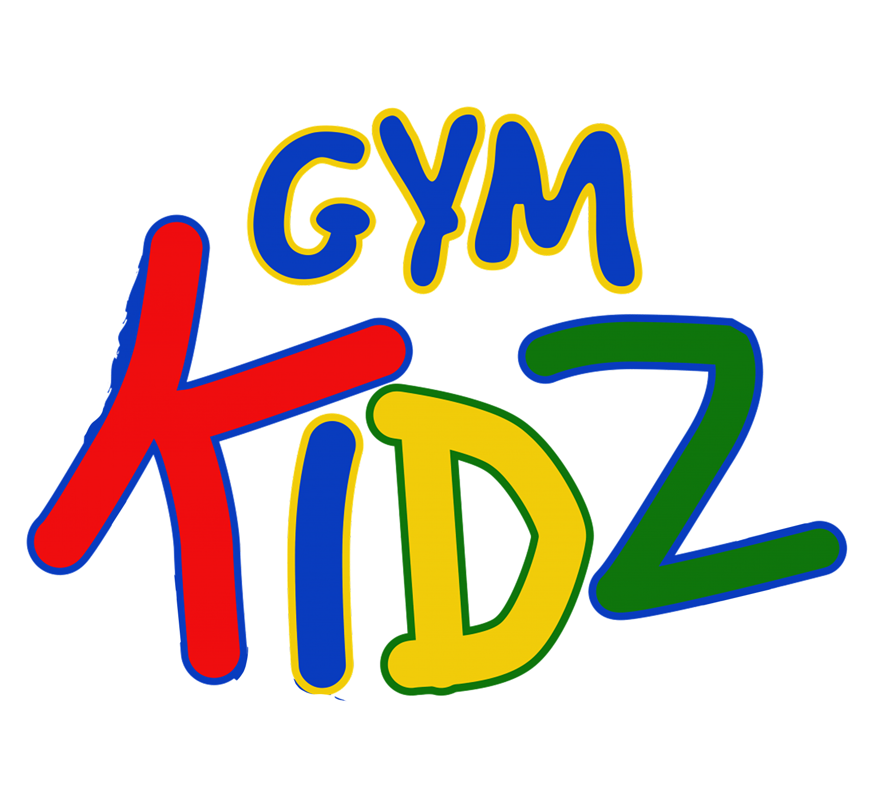 Colorful “GYM KIDZ” logo in blue, red, yellow, and green on a white background