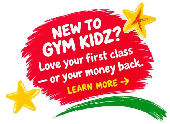 New to gym? Red brush-stroke promo with yellow stars and “Learn more” text, offering money-back first class.