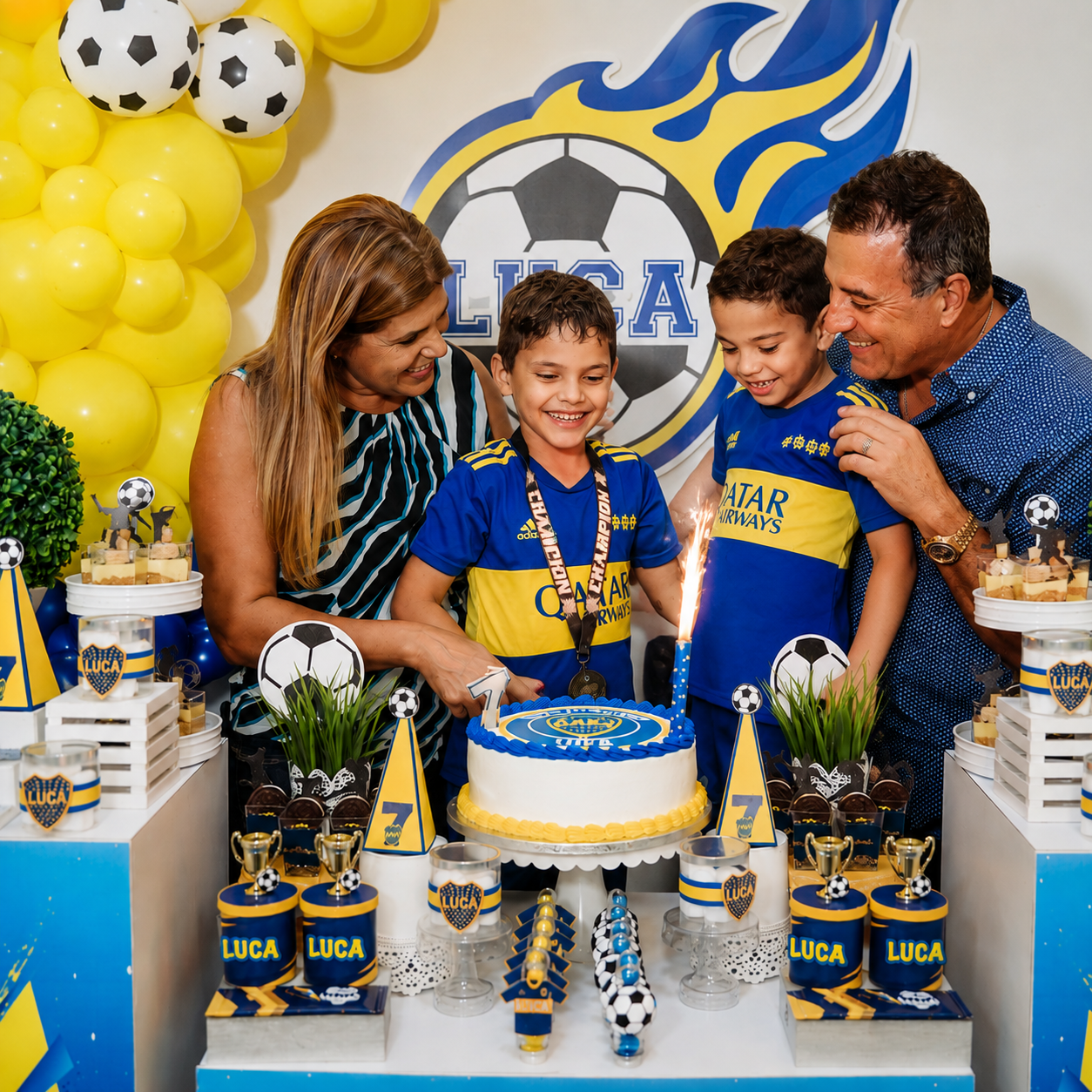 Soccer-themed birthday celebration with a cake, balloons, and family gathered around a smiling child