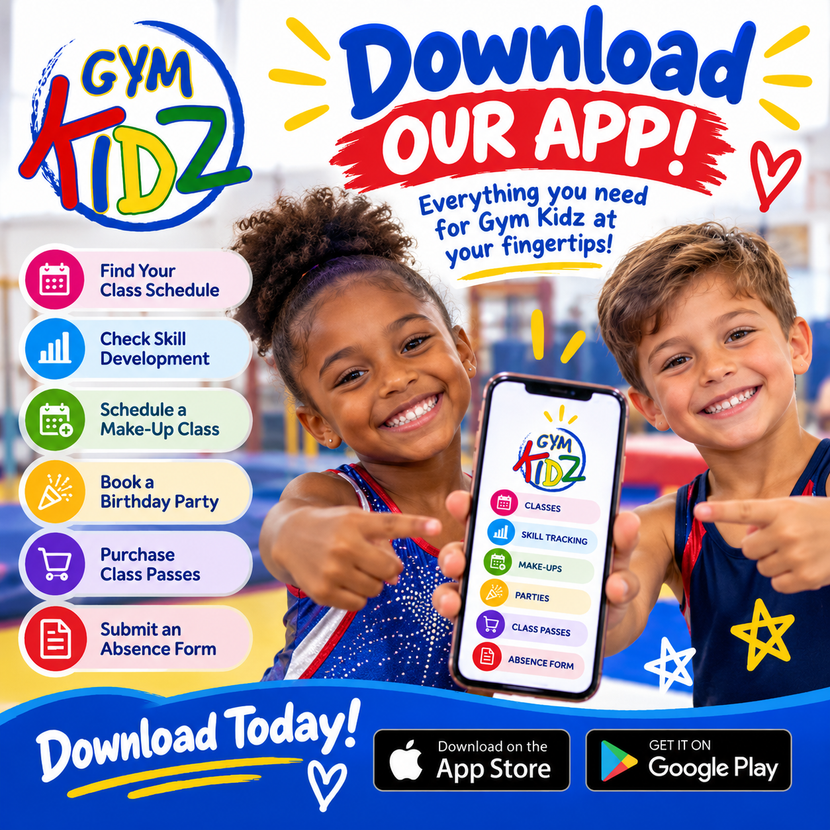 GymKidz app promo with smiling children, phone mockup, features list, and App Store/Google Play download buttons