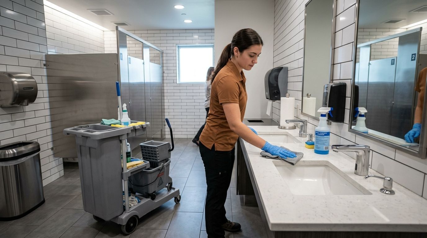 Professional cleaner cleaning and disinfecting commercial restroom sinks and surfaces Andover, MN