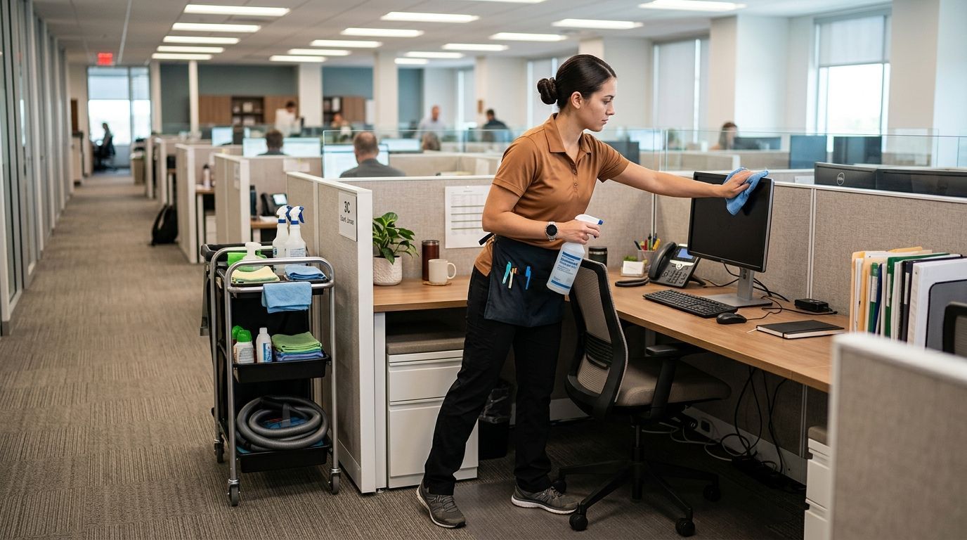 Professional cleaner disinfecting office cubicle workstation and computer monitor surfaces Andover, MN