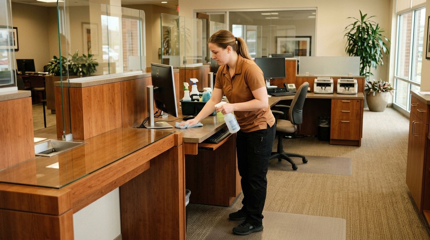 Professional cleaner disinfecting bank teller counter, keyboard area, and glass partition for customer safety Andover, MN