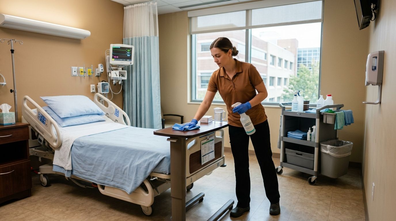Professional cleaner disinfecting patient room bedside table and medical equipment surfaces Andover, MN