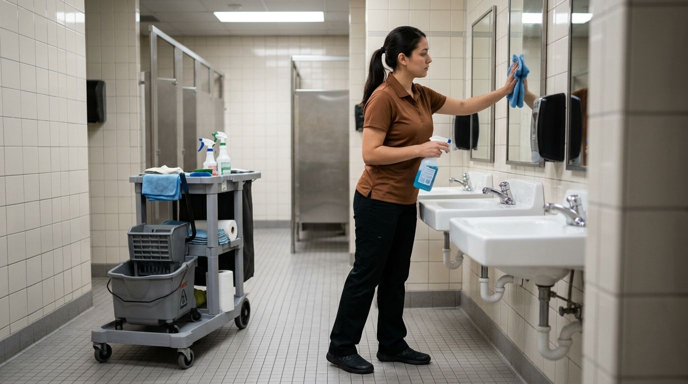 Professional cleaner disinfecting restroom mirrors and sinks with spray solution and cloth Andover, MN