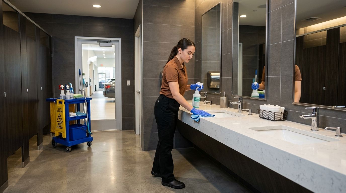 Professional cleaner disinfecting restroom sinks and countertops with spray and cloth in auto dealership facility, Andover, MN