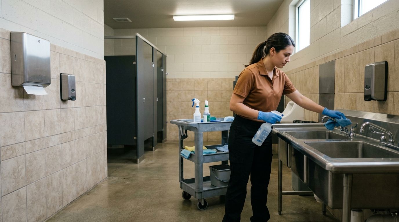 A professional cleaner disinfecting restroom sinks and fixtures with spray and cloth in an industrial facility, Andover, MN
