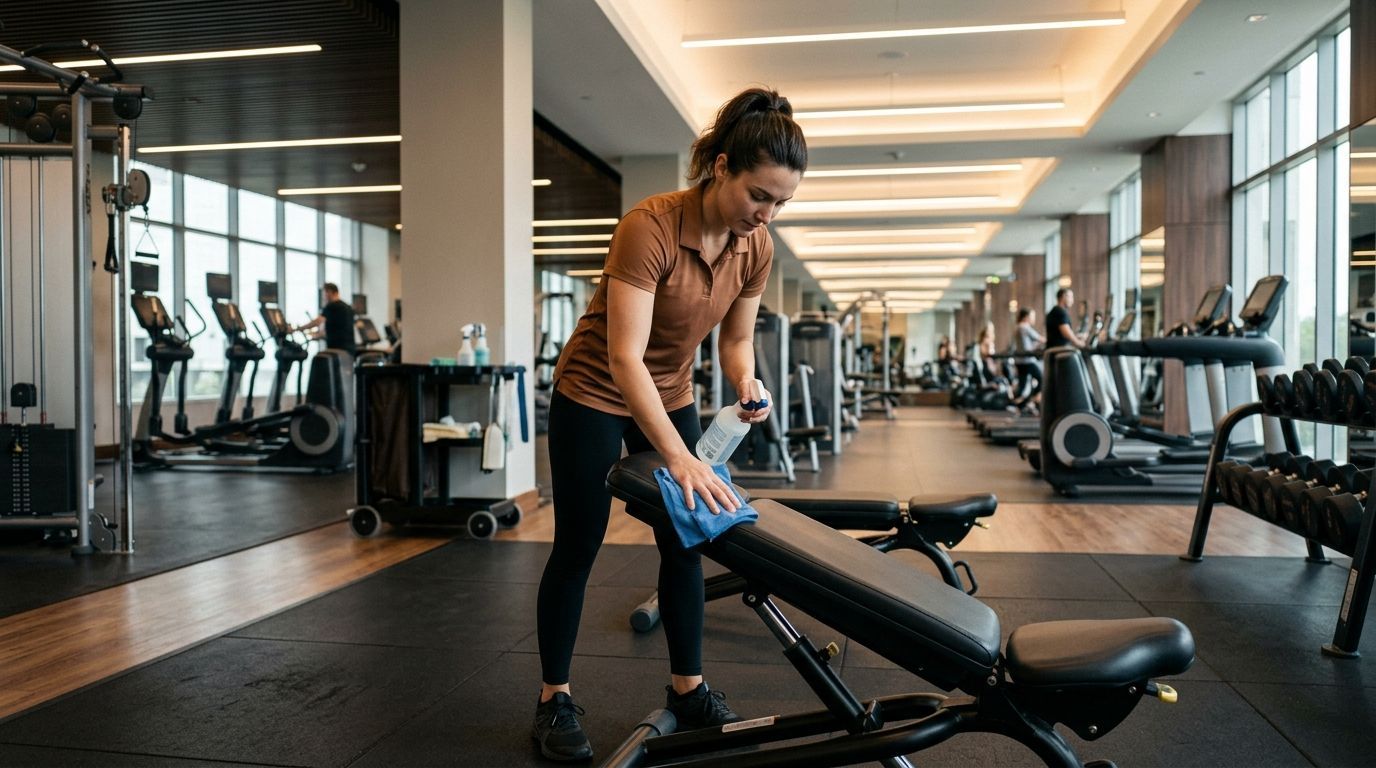Professional cleaner disinfecting workout bench with spray and cloth in fitness center Andover, MN