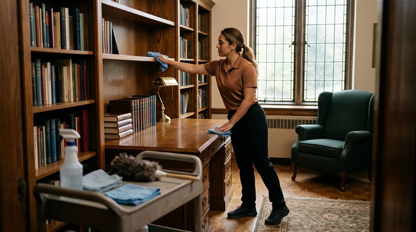 Professional cleaner dusting wooden bookshelves and desk with microfiber cloth in church office Andover, MN