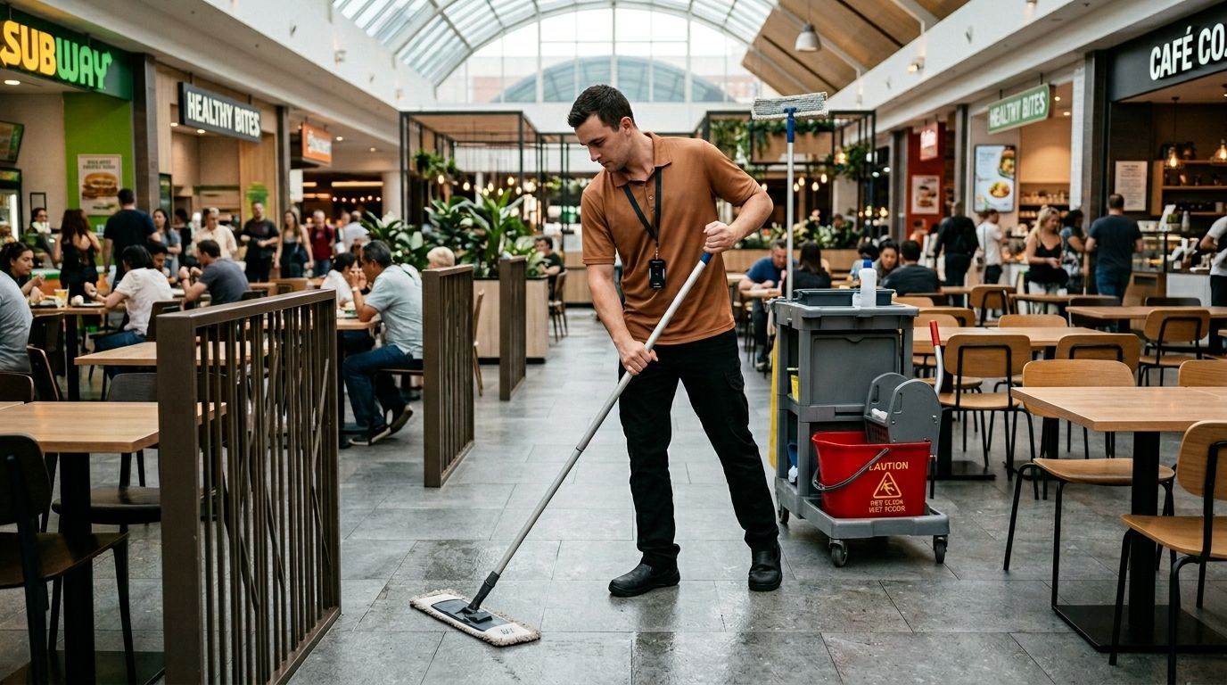 Professional cleaner maintaining high-traffic mall walkway floors with wet mop Andover, MN