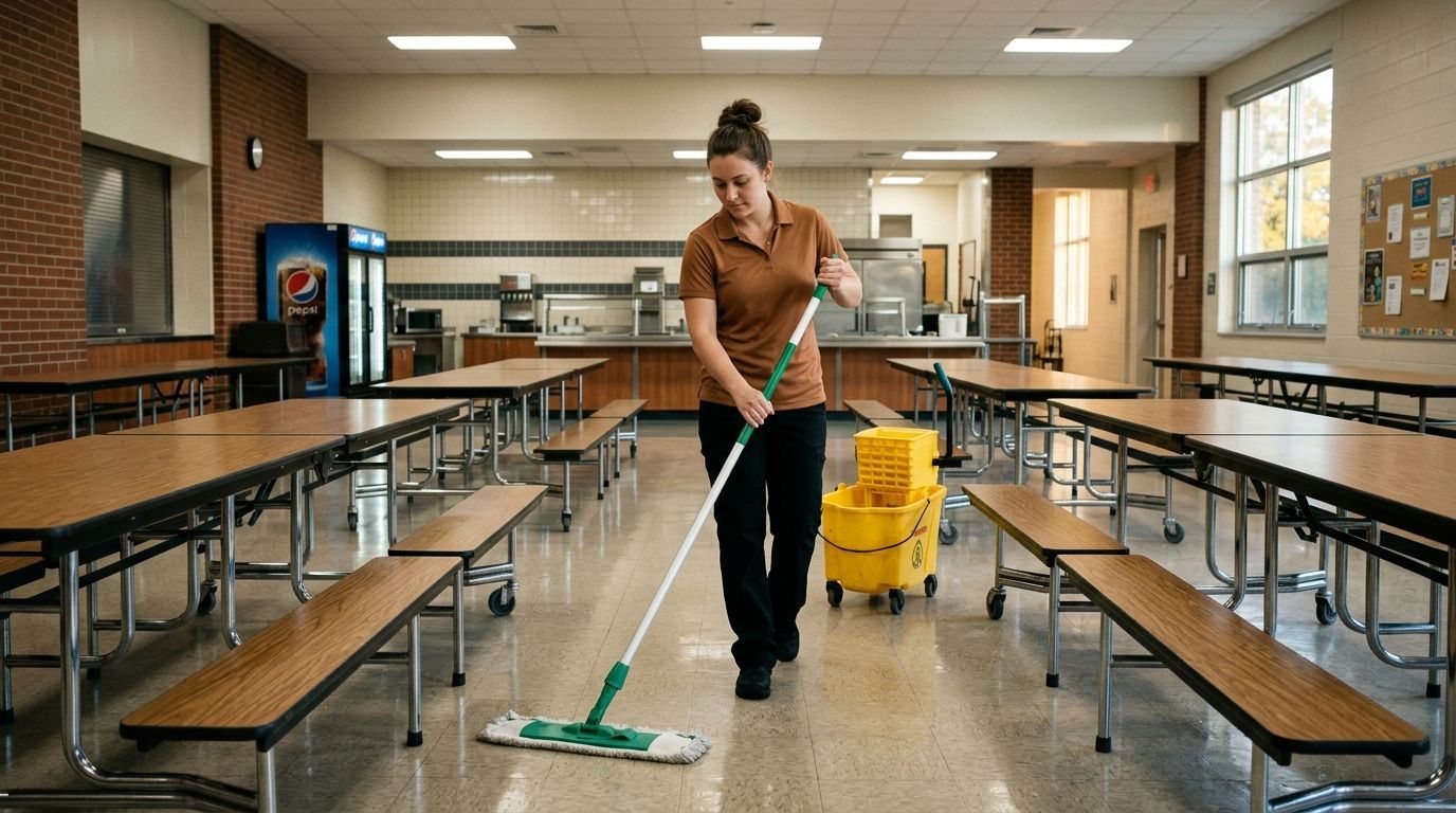 Professional cleaner mopping cafeteria floor between tables with commercial cleaning equipment Andover, MN