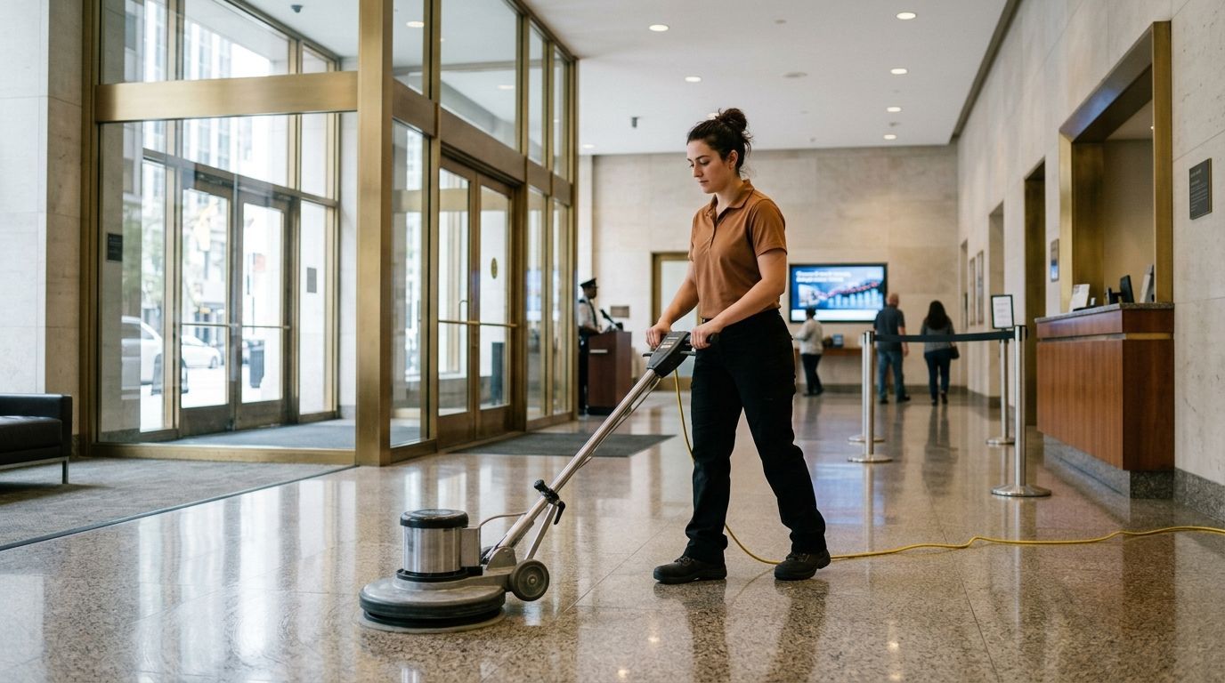 Professional cleaner mopping commercial entryway floors to remove dirt and moisture buildup Andover, MN