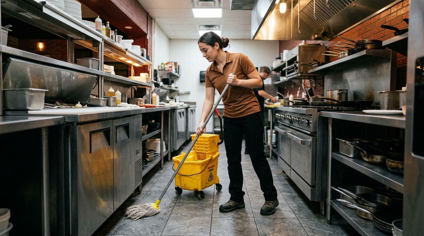 Professional cleaner mopping commercial kitchen floors to remove grease and buildup Andover, MN