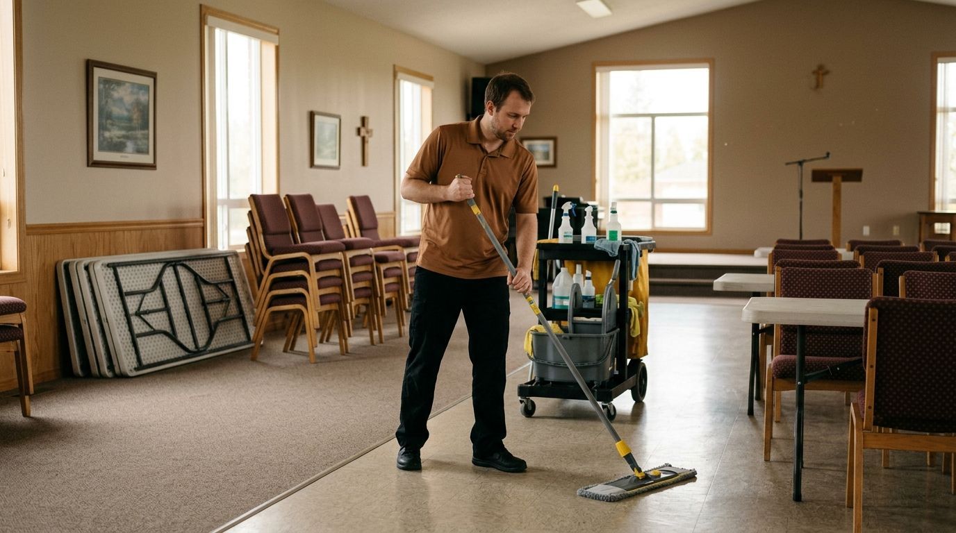 Professional cleaner mopping floor in fellowship hall with cleaning cart nearby in church facility Andover, MN