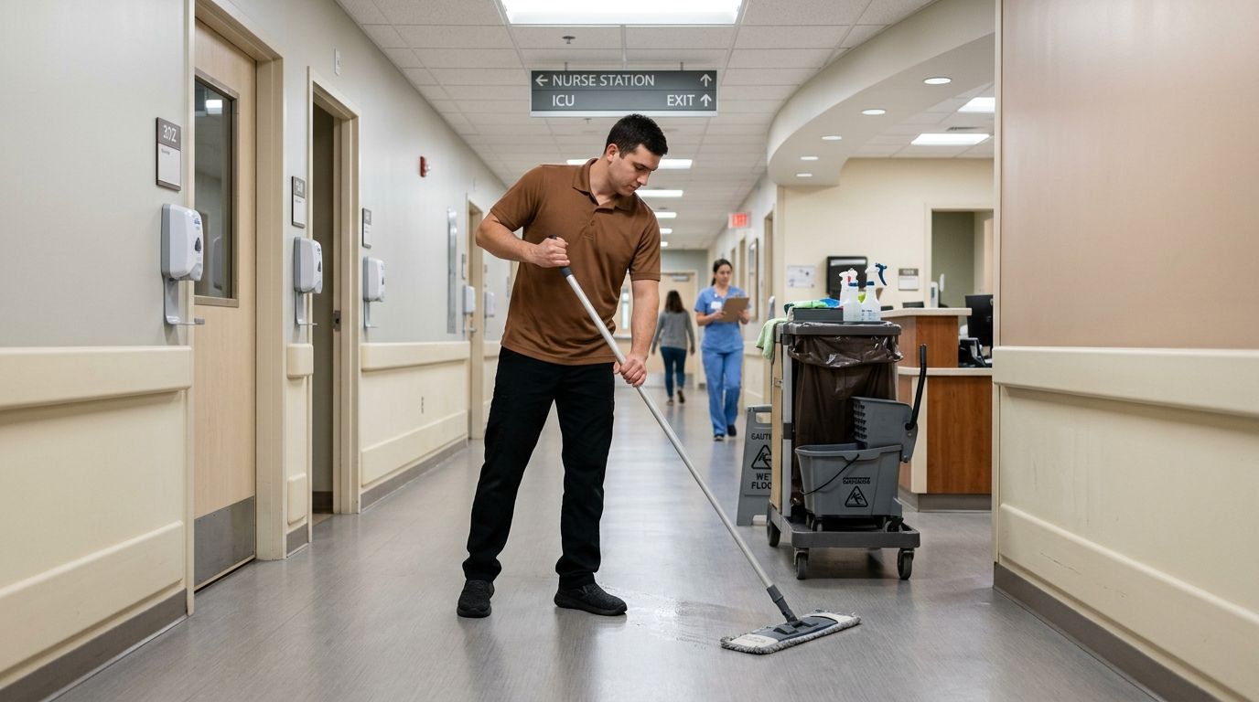 Professional cleaner mopping medical facility hallway floors near nurse station and patient rooms Andover, MN