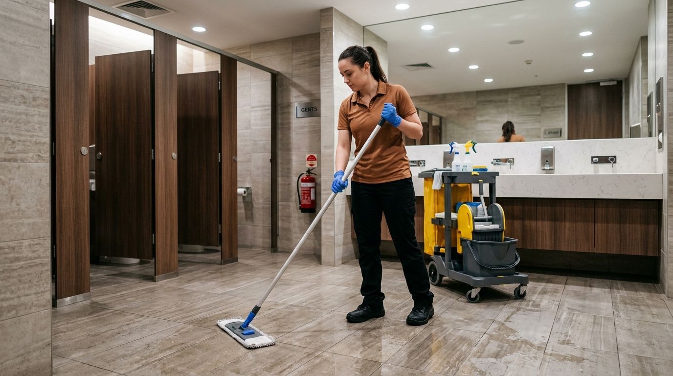 Professional cleaner mopping restroom tile floors with disinfectant solution for sanitation Andover, MN