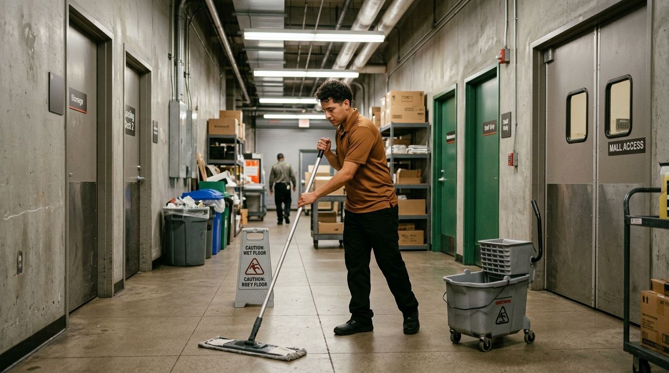 Professional cleaner mopping service hallway floors in commercial back area Andover, MN