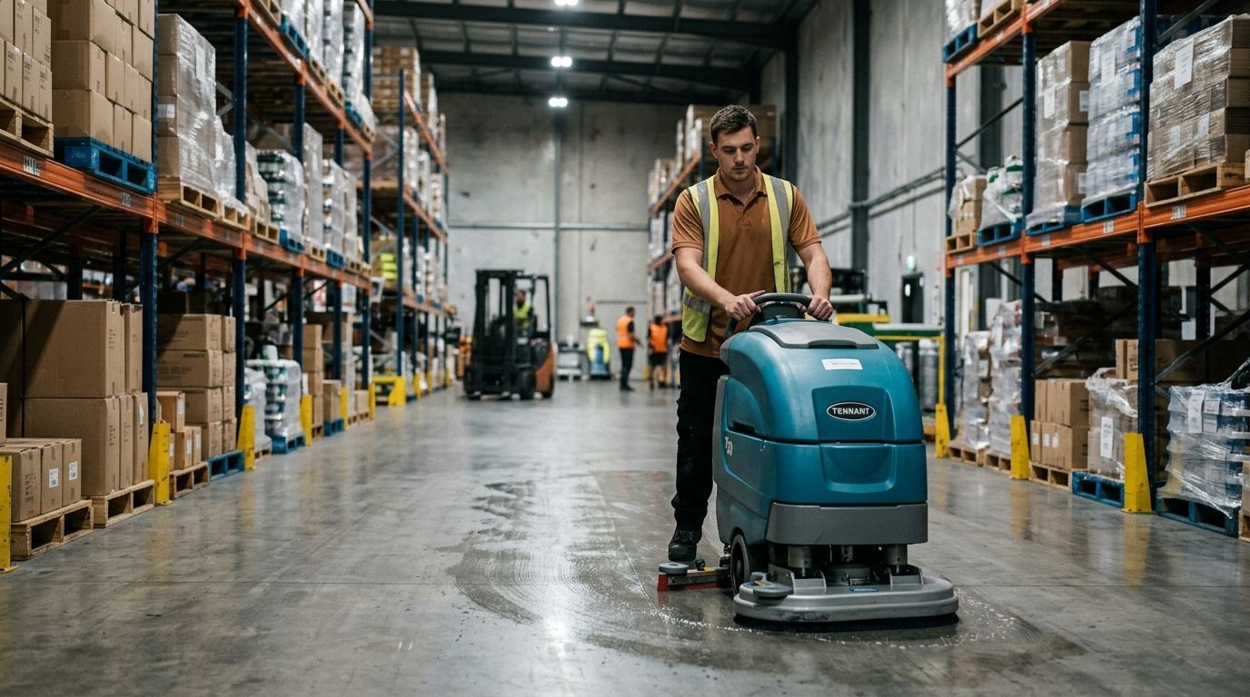 Professional cleaner operating industrial floor scrubber machine cleaning warehouse flooring in distribution center Andover, MN