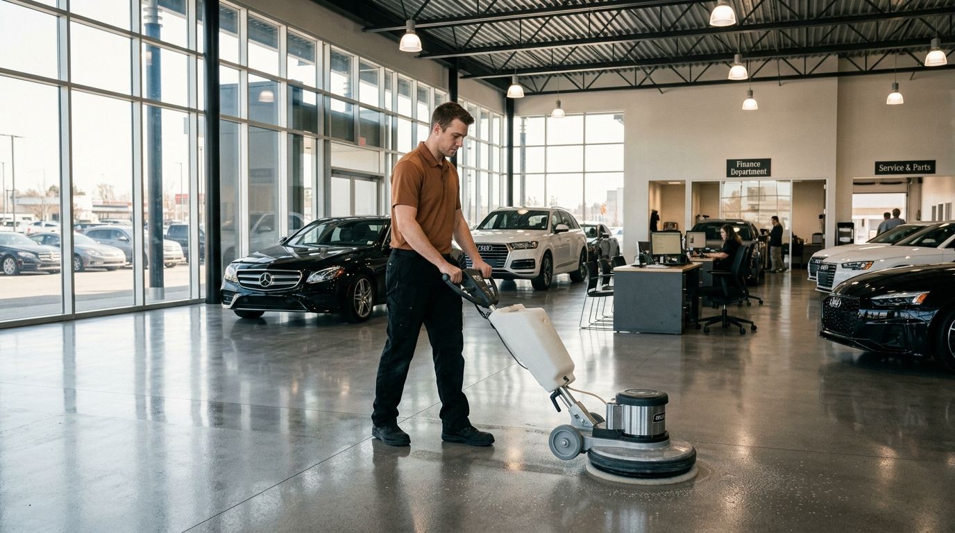 Professional cleaner polishing large dealership showroom floors with buffer machine, Andover, MN