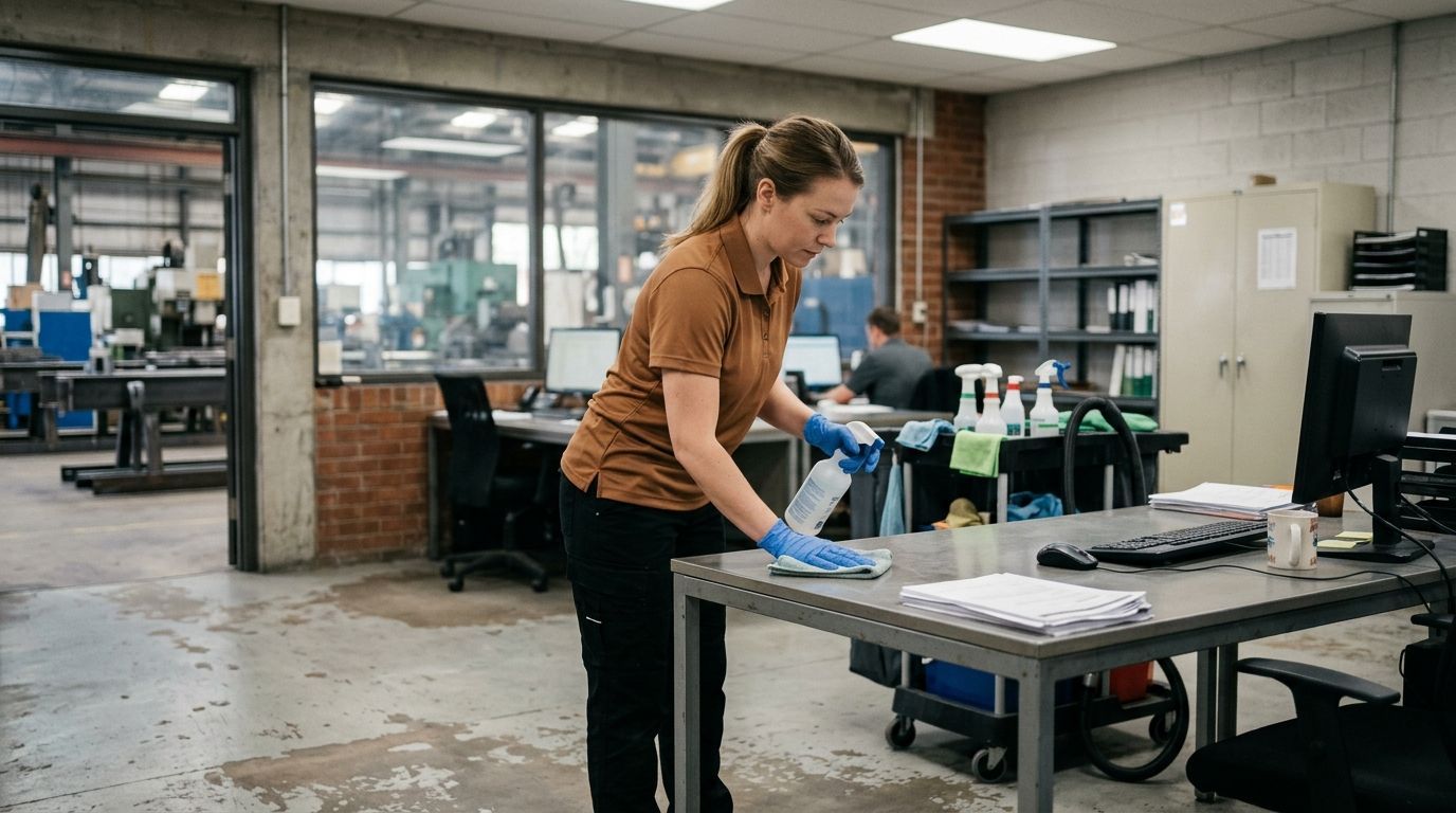 Professional cleaner sanitizing industrial workstation desk and equipment with disinfectant spray in manufacturing facility, Andover, MN