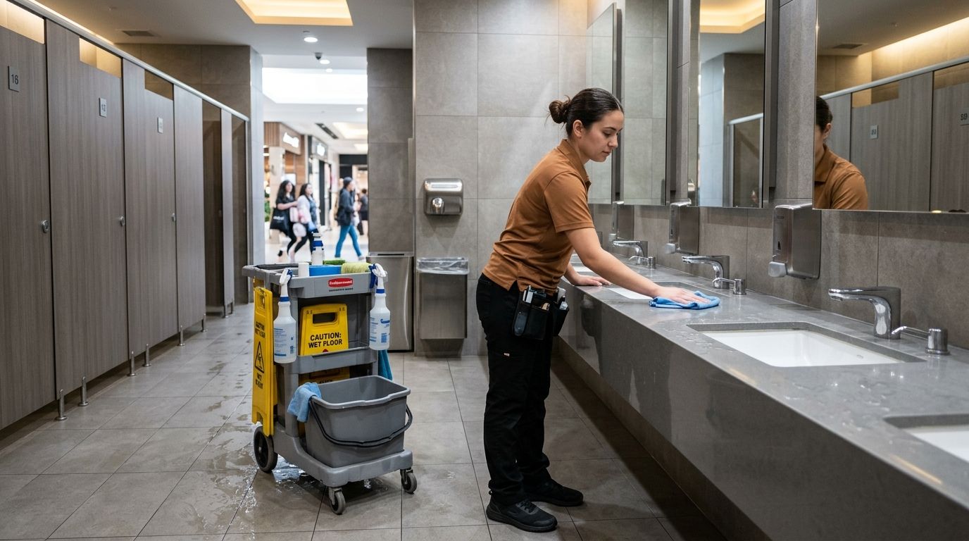 Professional cleaner sanitizing public restroom sinks and countertops in mall facility Andover, MN